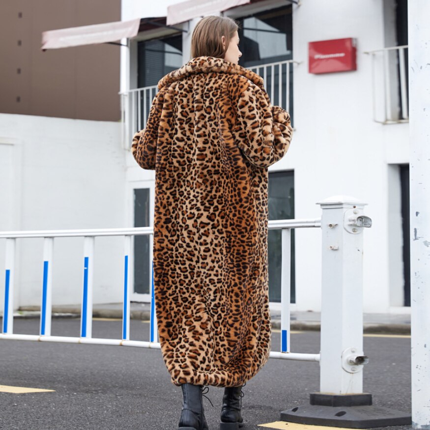 Leopard Print Faux Fur Long Coats for Women 2021 Winter Faux Rabbit Fur Plush Coats Fashion Warm High Street Fuzzy Outwear