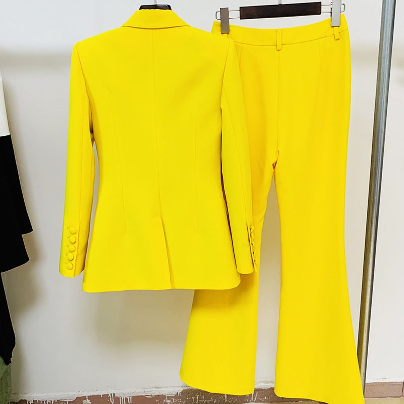 HIGH QUALITY Newest 2023 Runway Designer Suit Set Women's Career Single Button Blazer Jacket Flare Pants Suit 2pcs Set