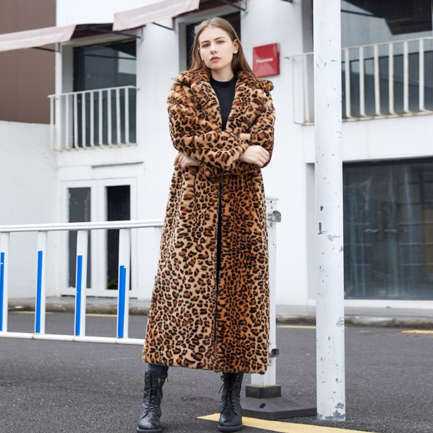 Leopard Print Faux Fur Long Coats for Women 2021 Winter Faux Rabbit Fur Plush Coats Fashion Warm High Street Fuzzy Outwear