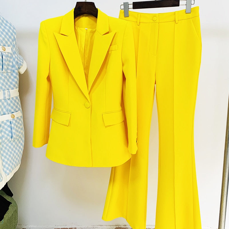 HIGH QUALITY Newest 2023 Runway Designer Suit Set Women's Career Single Button Blazer Jacket Flare Pants Suit 2pcs Set