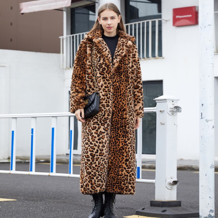 Leopard Print Faux Fur Long Coats for Women 2021 Winter Faux Rabbit Fur Plush Coats Fashion Warm High Street Fuzzy Outwear