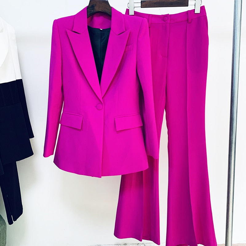 HIGH QUALITY Newest 2023 Runway Designer Suit Set Women's Career Single Button Blazer Jacket Flare Pants Suit 2pcs Set