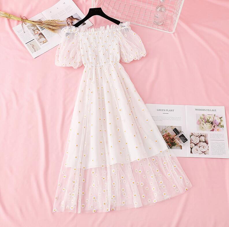 small daisies embroidery mesh dresses women 2022 sexy off the shoulder french vintage party ruffle dresses elegant vestidos