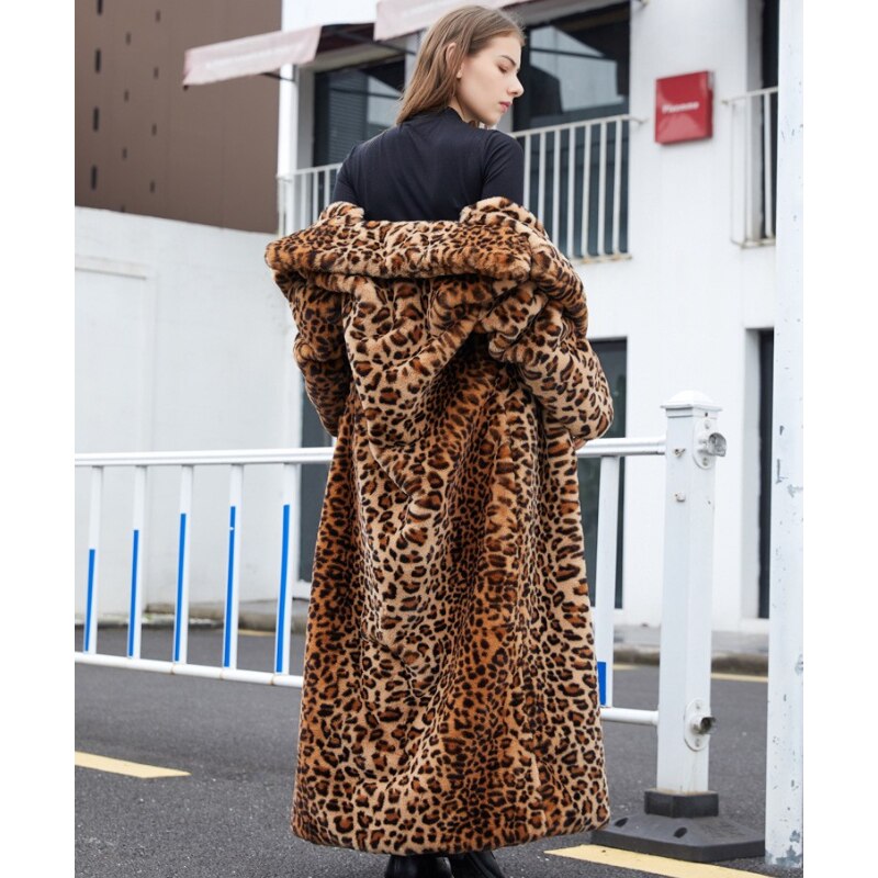 Leopard Print Faux Fur Long Coats for Women 2021 Winter Faux Rabbit Fur Plush Coats Fashion Warm High Street Fuzzy Outwear