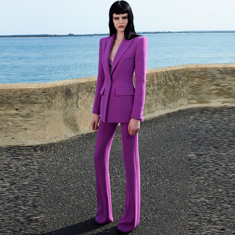 HIGH QUALITY Newest 2023 Runway Designer Suit Set Women's Career Single Button Blazer Jacket Flare Pants Suit 2pcs Set