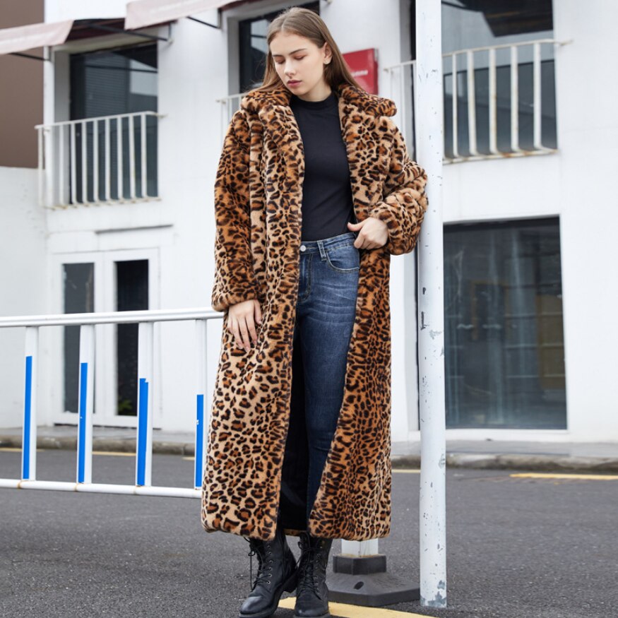Leopard Print Faux Fur Long Coats for Women 2021 Winter Faux Rabbit Fur Plush Coats Fashion Warm High Street Fuzzy Outwear