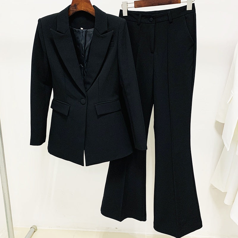 HIGH QUALITY Newest 2023 Runway Designer Suit Set Women's Career Single Button Blazer Jacket Flare Pants Suit 2pcs Set