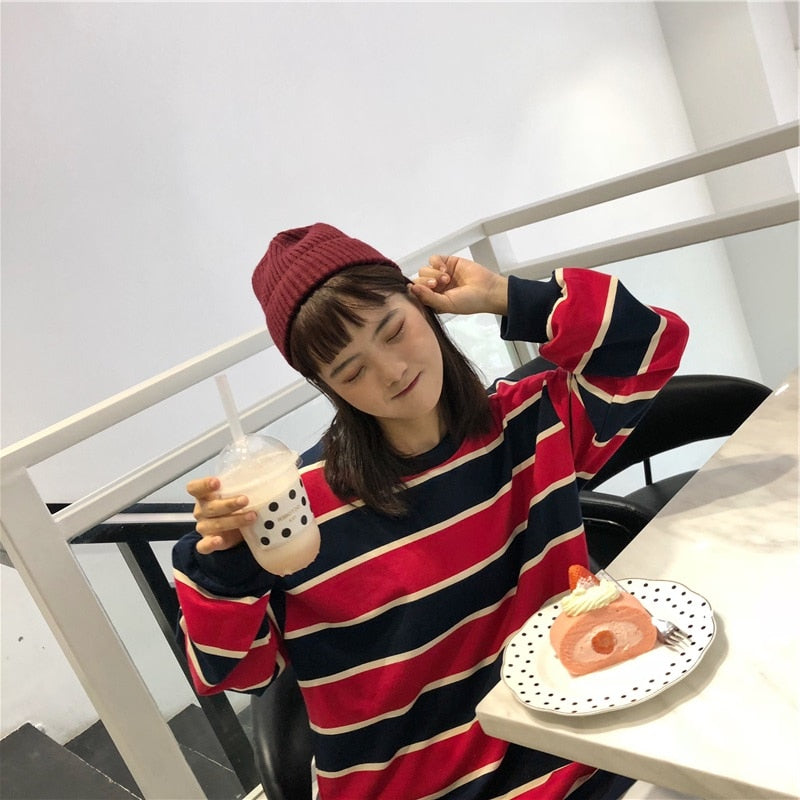 Hoodies Women Harajuku Gothic stripe cotton Hoodie Clothes 2022 Autumn long sleeve loose Kawaii Korean thin Sweatshirt kpop Tops