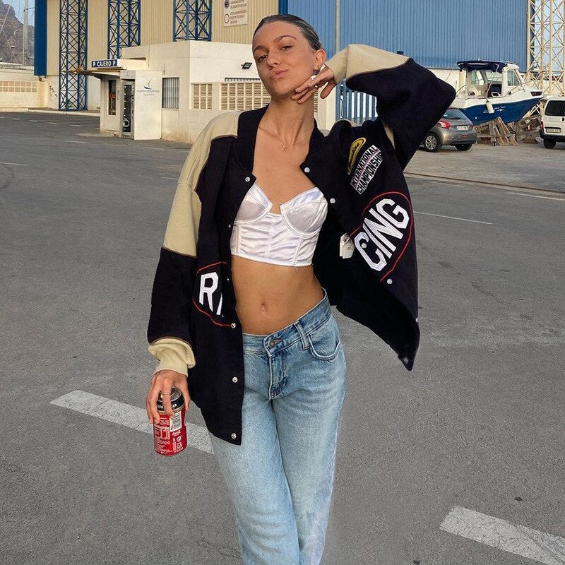 Varsity Jackets Women 2021 Autumn Winter Fashion Oversized Long Sleeve Bomber Loose Black Baseball Vintage Y2K Coat