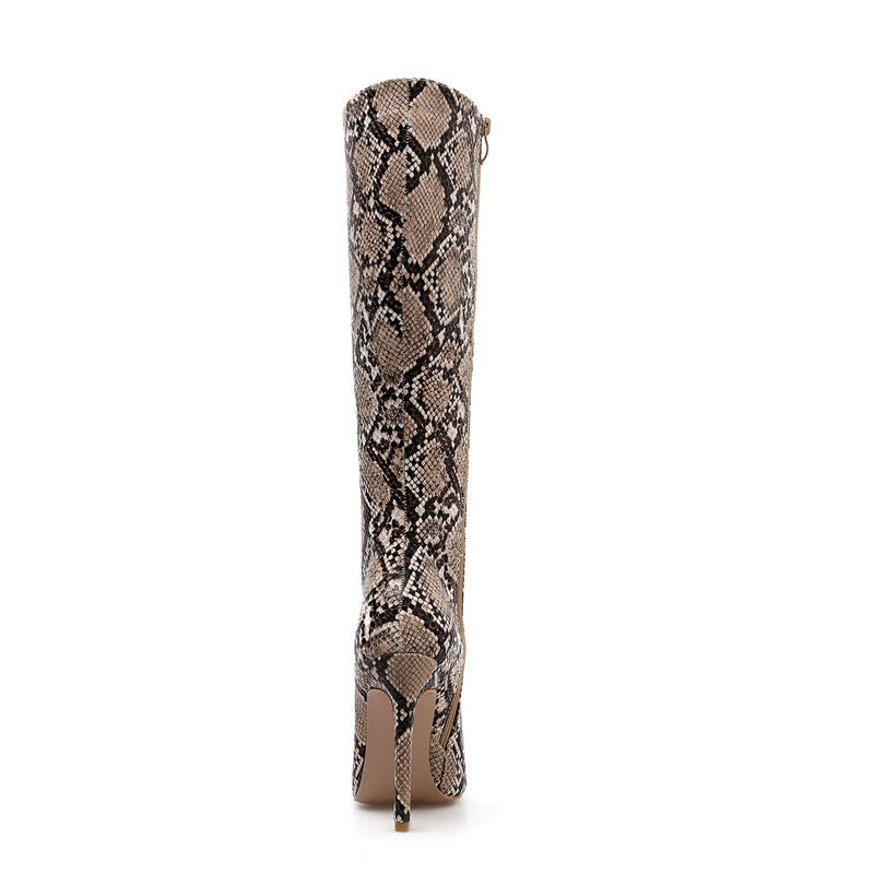Snakeskin Print Women Knee High Sexy Thin Heel Boots