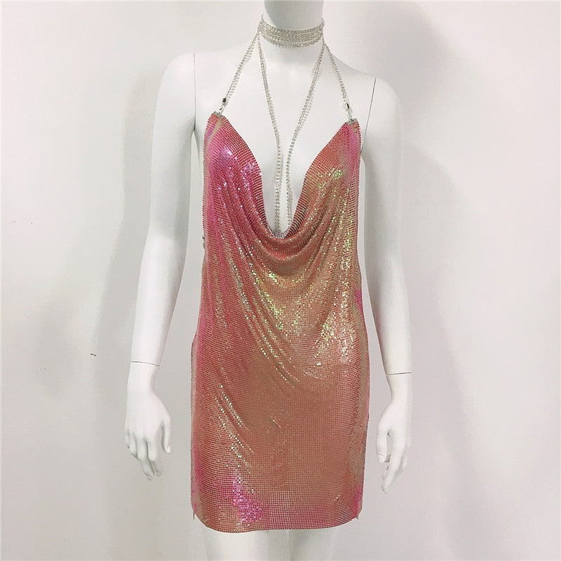 Zoctuo Sexy Elegant Dress Woman Metal Chain Coctel Dresses For Women Party Fashion Mini Sequins Vestidos Women's Clothing Short