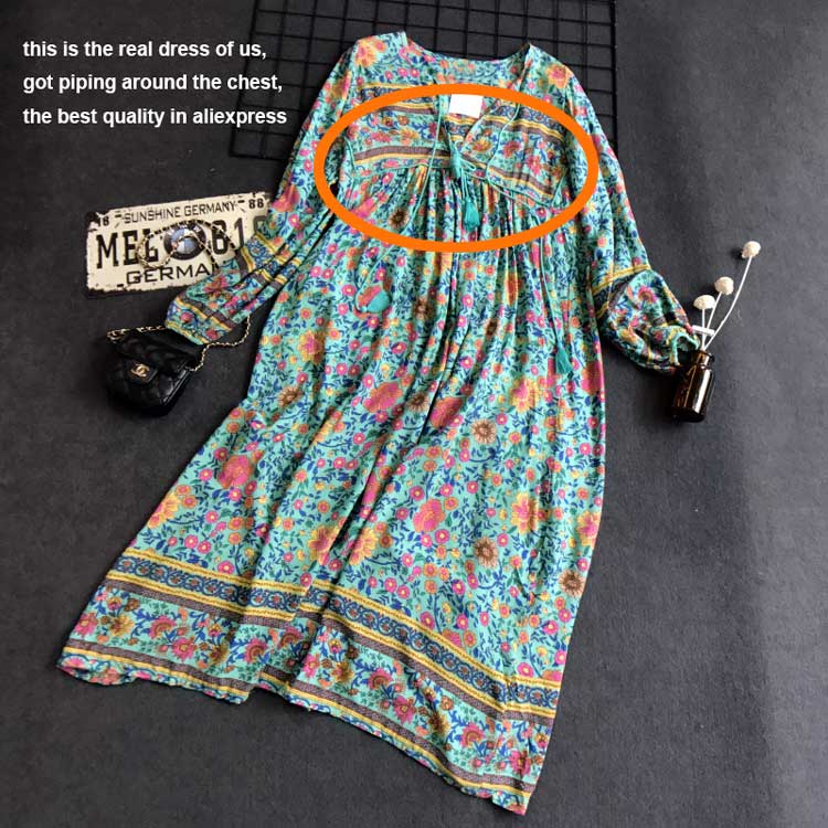 Boho Inspired Summer Bohemian Floral Long Sleeve Tassel V-Neck Loose Hippie Dress