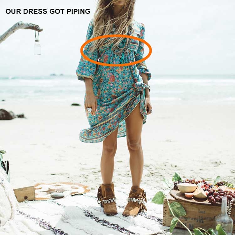 Boho Inspired Summer Bohemian Floral Long Sleeve Tassel V-Neck Loose Hippie Dress