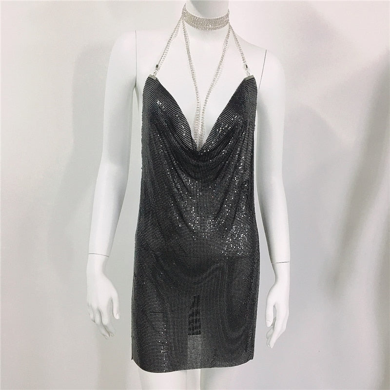 Zoctuo Sexy Elegant Dress Woman Metal Chain Coctel Dresses For Women Party Fashion Mini Sequins Vestidos Women's Clothing Short