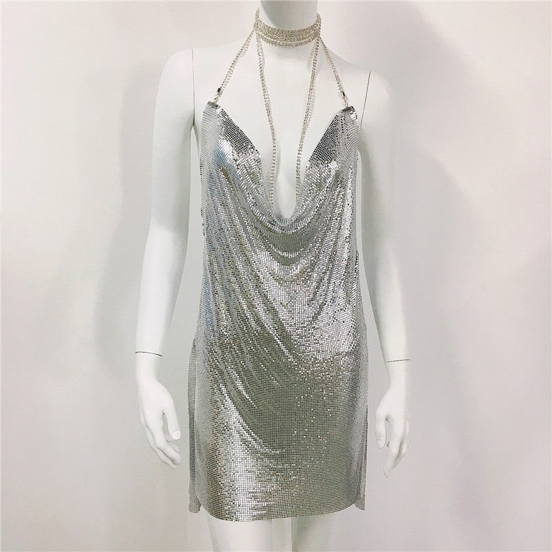 Zoctuo Sexy Elegant Dress Woman Metal Chain Coctel Dresses For Women Party Fashion Mini Sequins Vestidos Women's Clothing Short