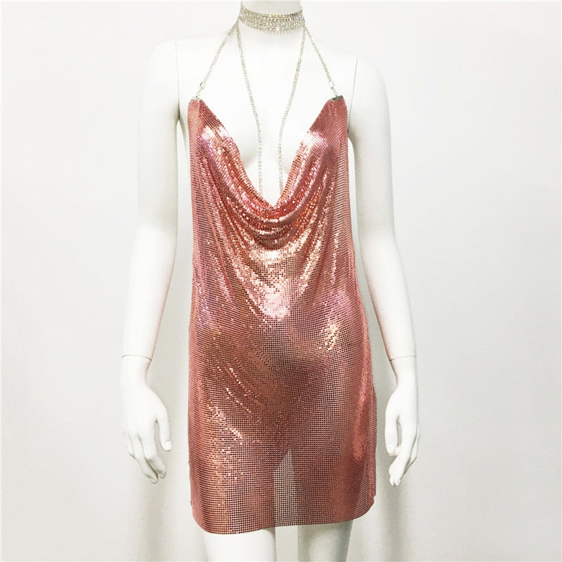 Zoctuo Sexy Elegant Dress Woman Metal Chain Coctel Dresses For Women Party Fashion Mini Sequins Vestidos Women's Clothing Short