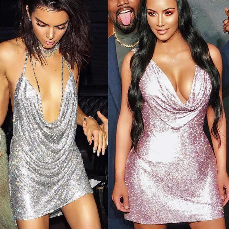 Zoctuo Sexy Elegant Dress Woman Metal Chain Coctel Dresses For Women Party Fashion Mini Sequins Vestidos Women's Clothing Short