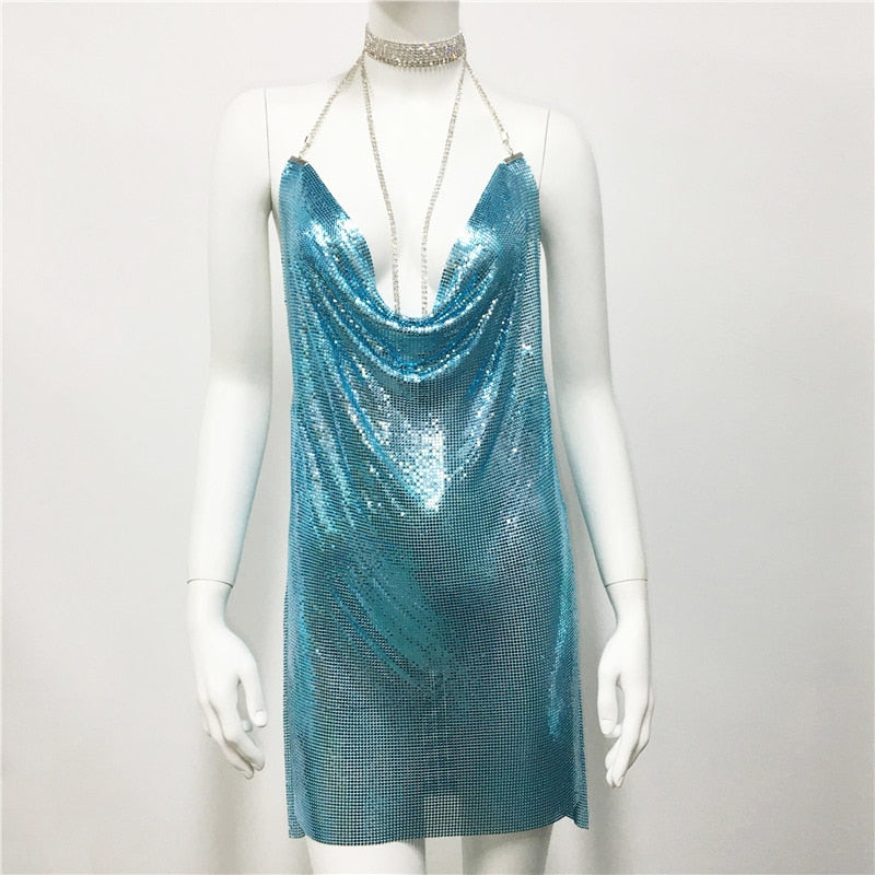 Zoctuo Sexy Elegant Dress Woman Metal Chain Coctel Dresses For Women Party Fashion Mini Sequins Vestidos Women's Clothing Short