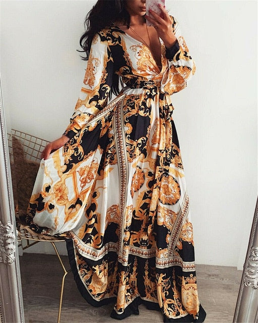 Floral print v neck long sleeve maxi sales dress