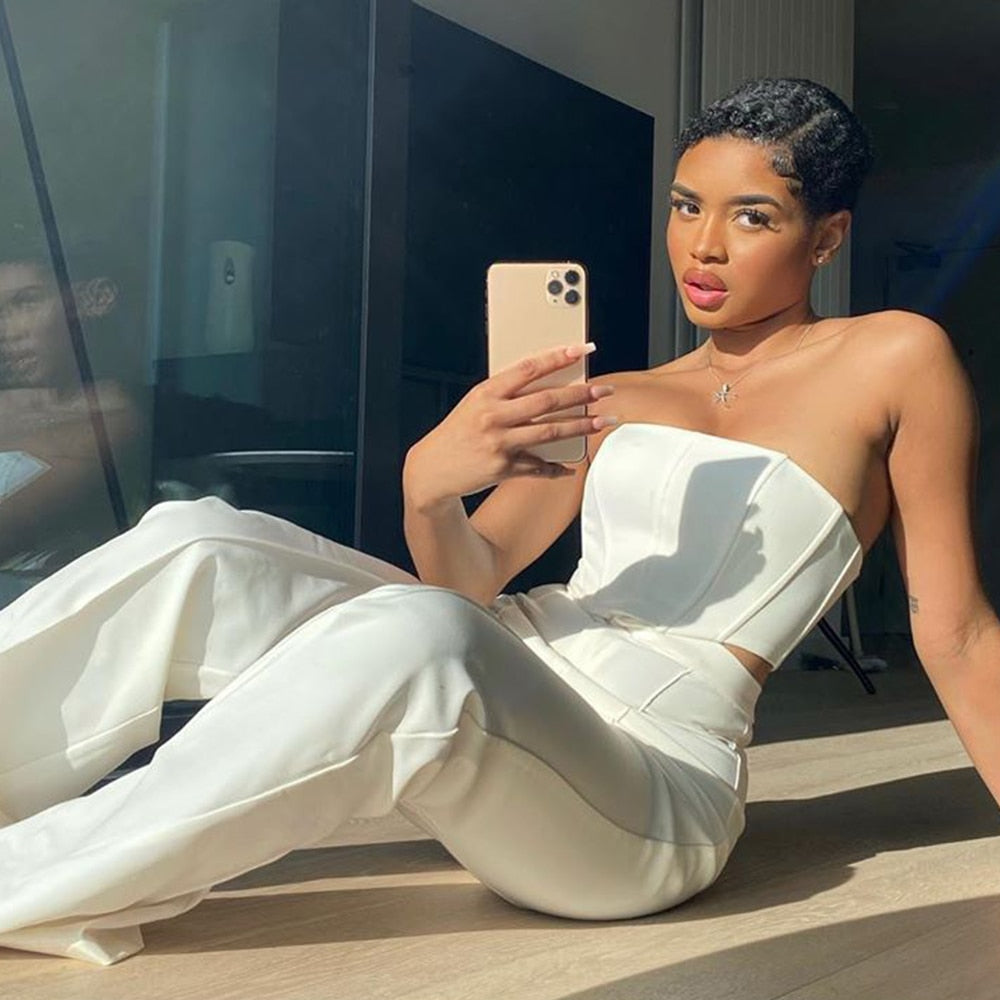 Strapless Corset Crop Top and Flare Pants Sets Solid High Waist Sexy Outfit Elegant Casual