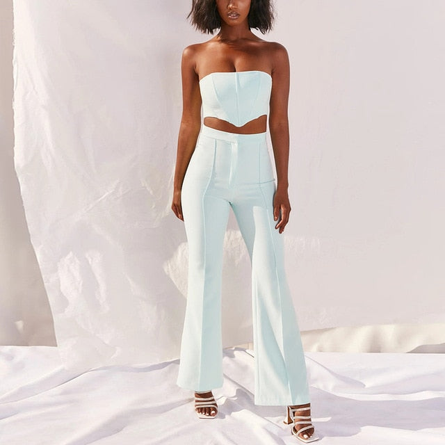 Strapless Corset Crop Top and Flare Pants Sets Solid High Waist Sexy Outfit Elegant Casual