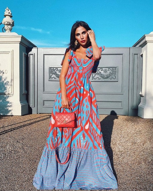 Sleeveless Long Printing blue and red Vintage Sexy Summer Sexy