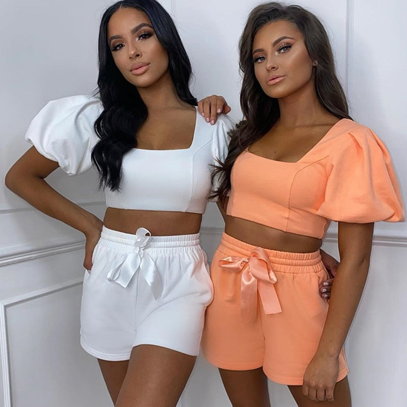 Square Collar Shorts Puff Sleeve Crop Top Two Piece Set Casual Outfit