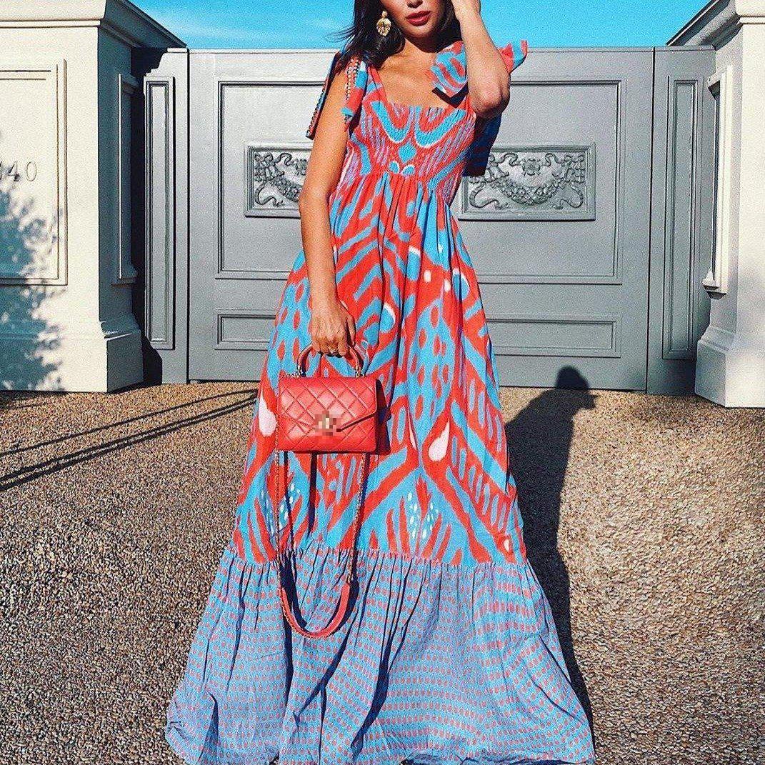 Sleeveless Long Printing blue and red Vintage Sexy Summer Sexy