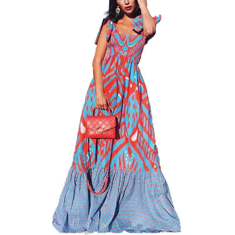 Sleeveless Long Printing blue and red Vintage Sexy Summer Sexy
