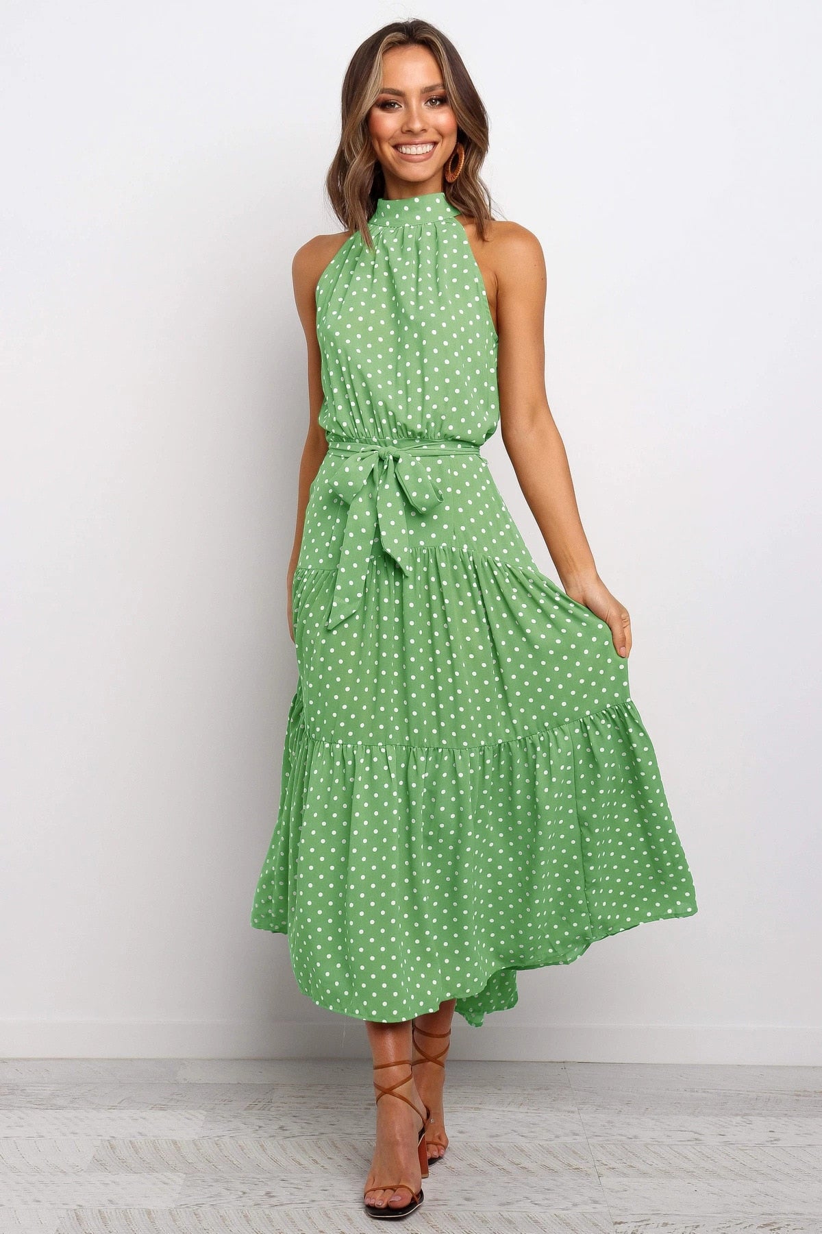 Summer Long Polka Dot Casual Sexy Halter Strapless Yellow Sundress
