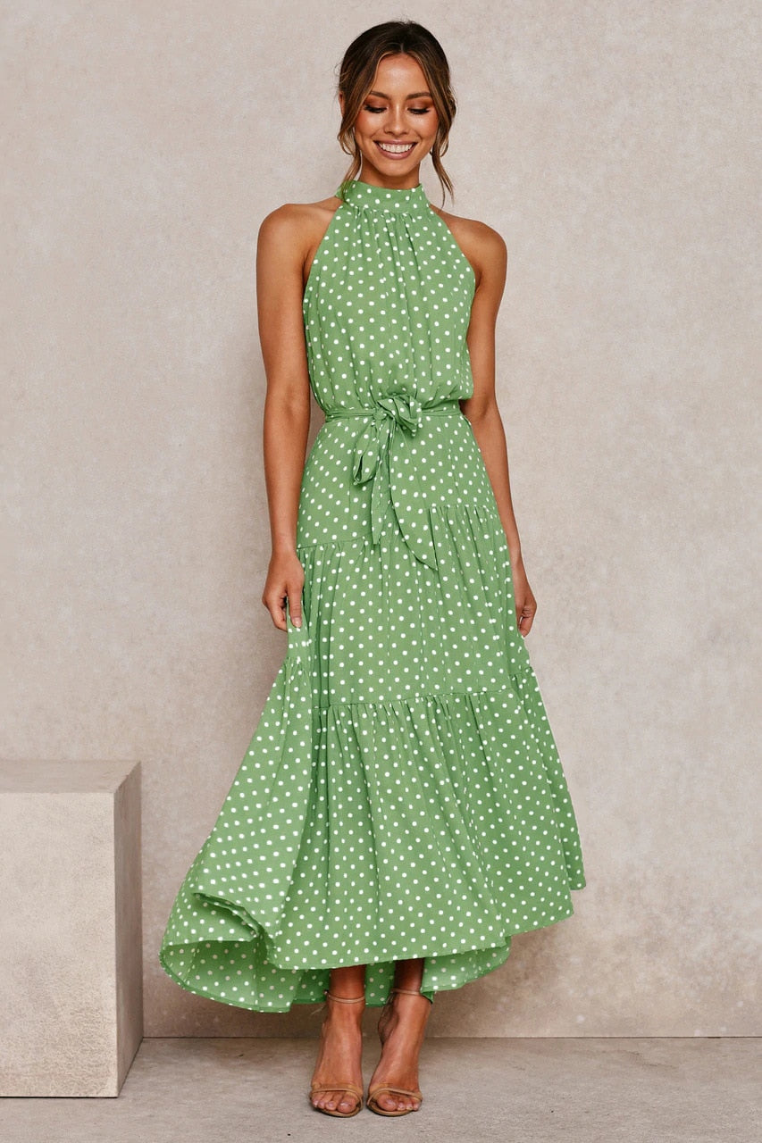 Summer Long Polka Dot Casual Sexy Halter Strapless Yellow Sundress