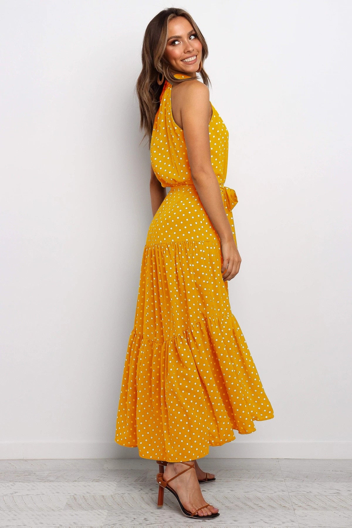Summer Long Polka Dot Casual Sexy Halter Strapless Yellow Sundress