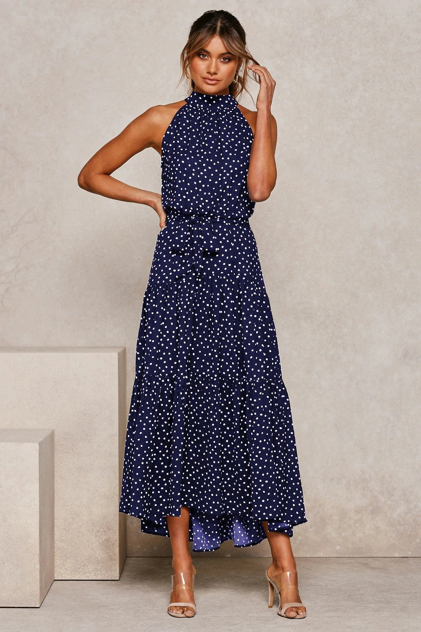Summer Long Polka Dot Casual Sexy Halter Strapless Yellow Sundress