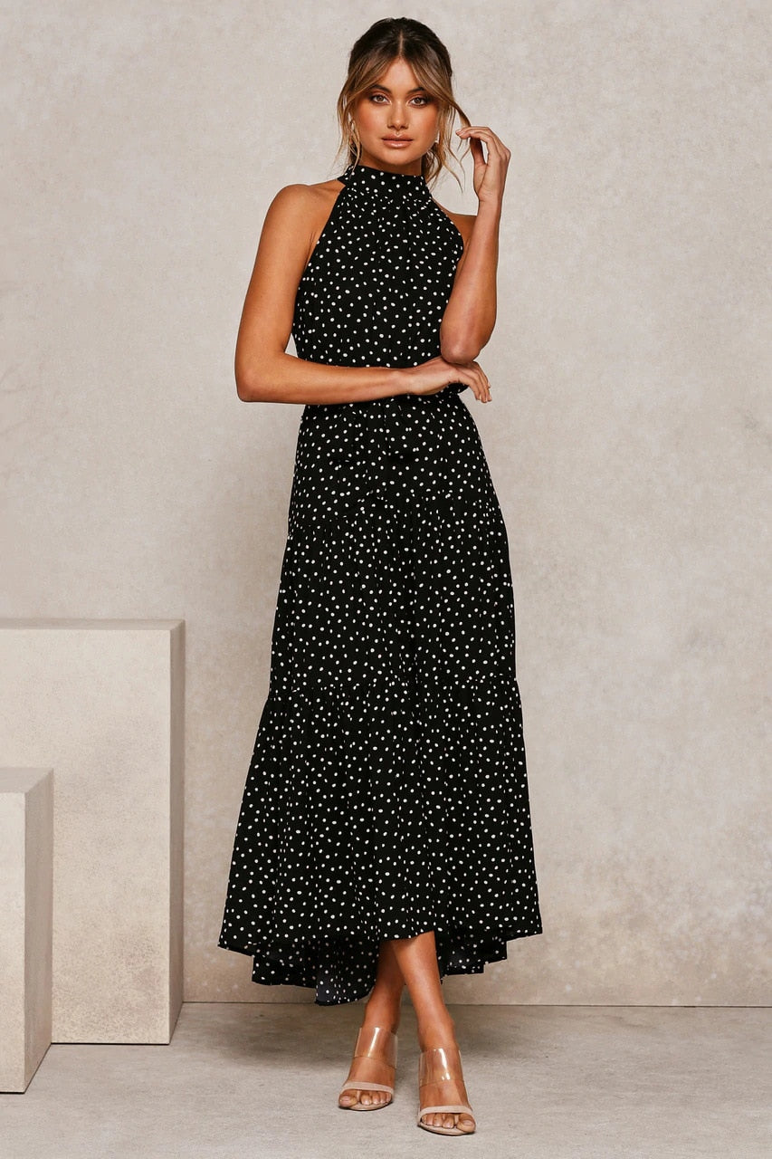 Summer Long Polka Dot Casual Sexy Halter Strapless Yellow Sundress