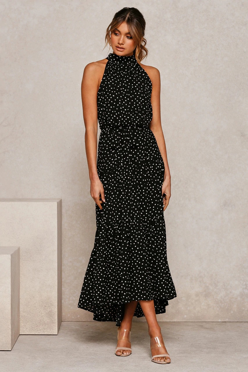 Summer Long Polka Dot Casual Sexy Halter Strapless Yellow Sundress