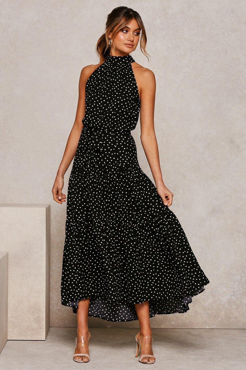 Summer Long Polka Dot Casual Sexy Halter Strapless Yellow Sundress