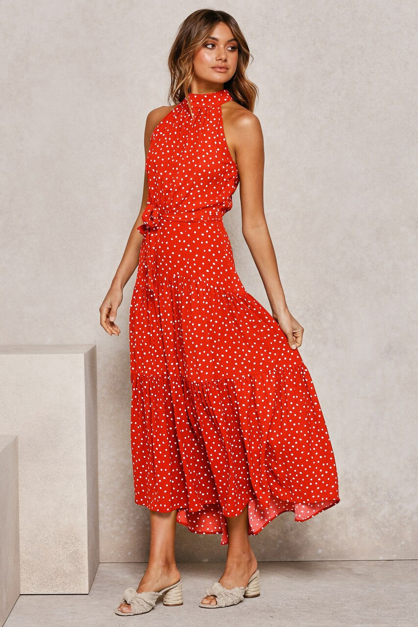 Summer Long Polka Dot Casual Sexy Halter Strapless Yellow Sundress
