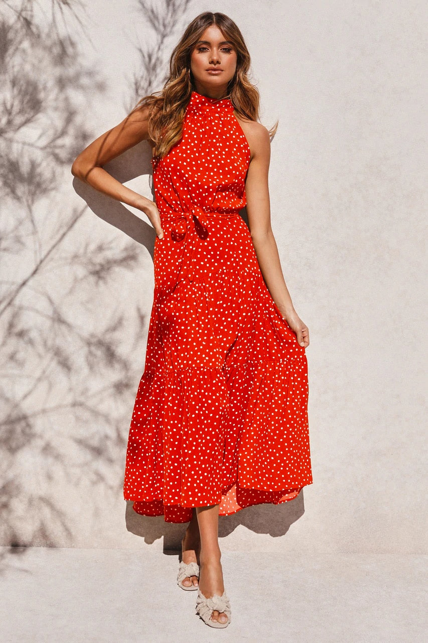 Summer Long Polka Dot Casual Sexy Halter Strapless Yellow Sundress
