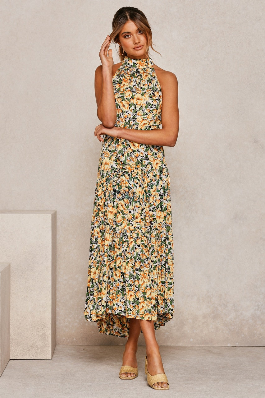 Summer Long Polka Dot Casual Sexy Halter Strapless Yellow Sundress