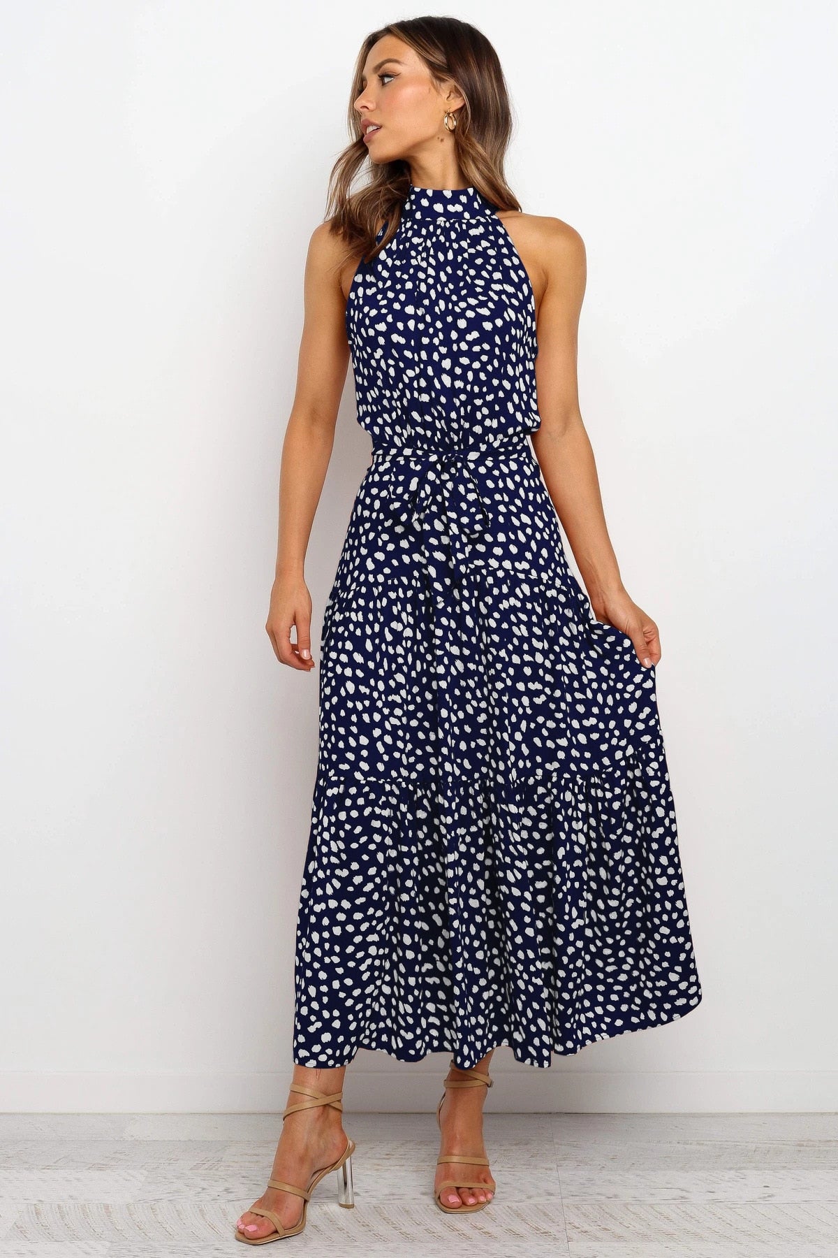 Summer Long Polka Dot Casual Sexy Halter Strapless Yellow Sundress