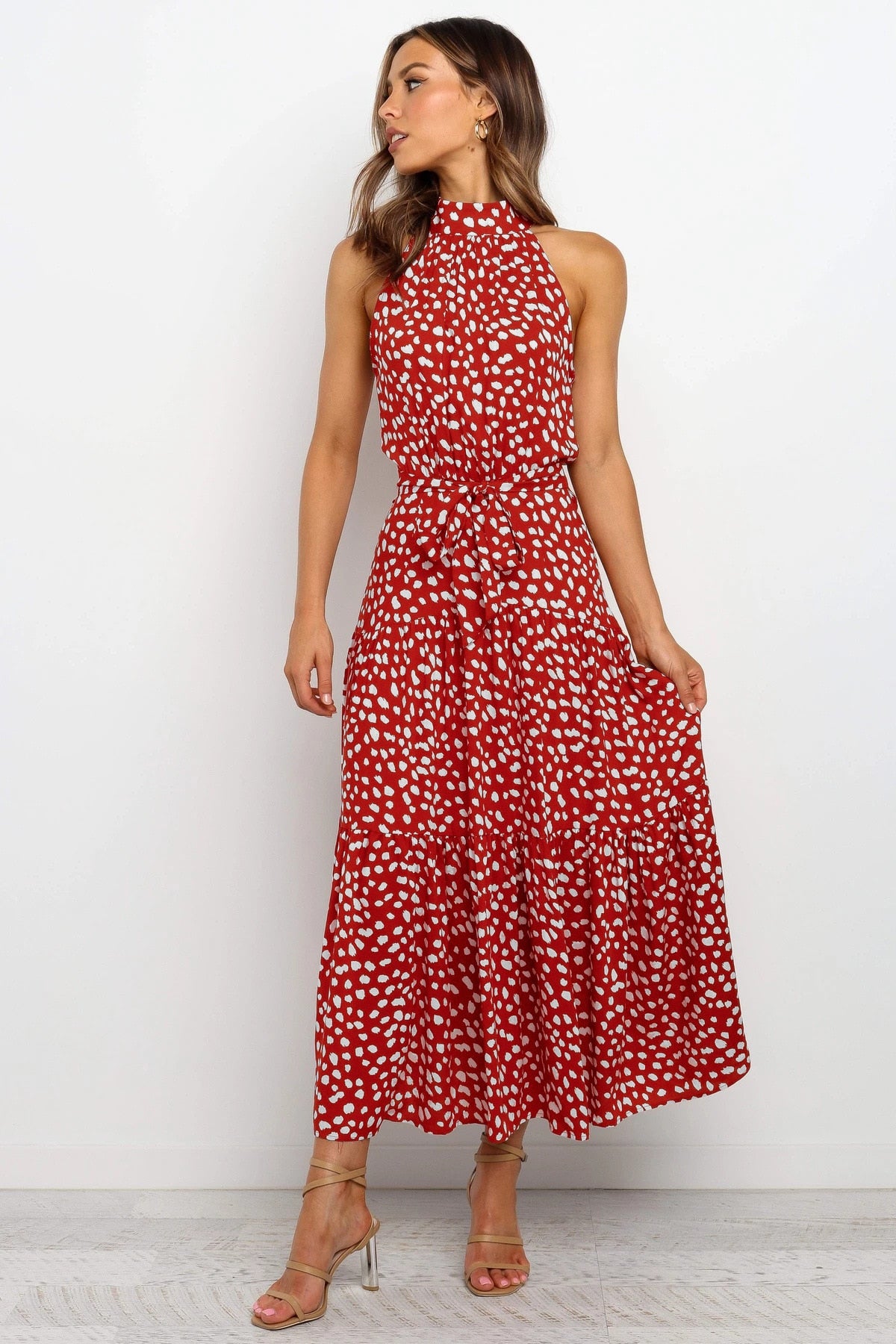 Summer Long Polka Dot Casual Sexy Halter Strapless Yellow Sundress