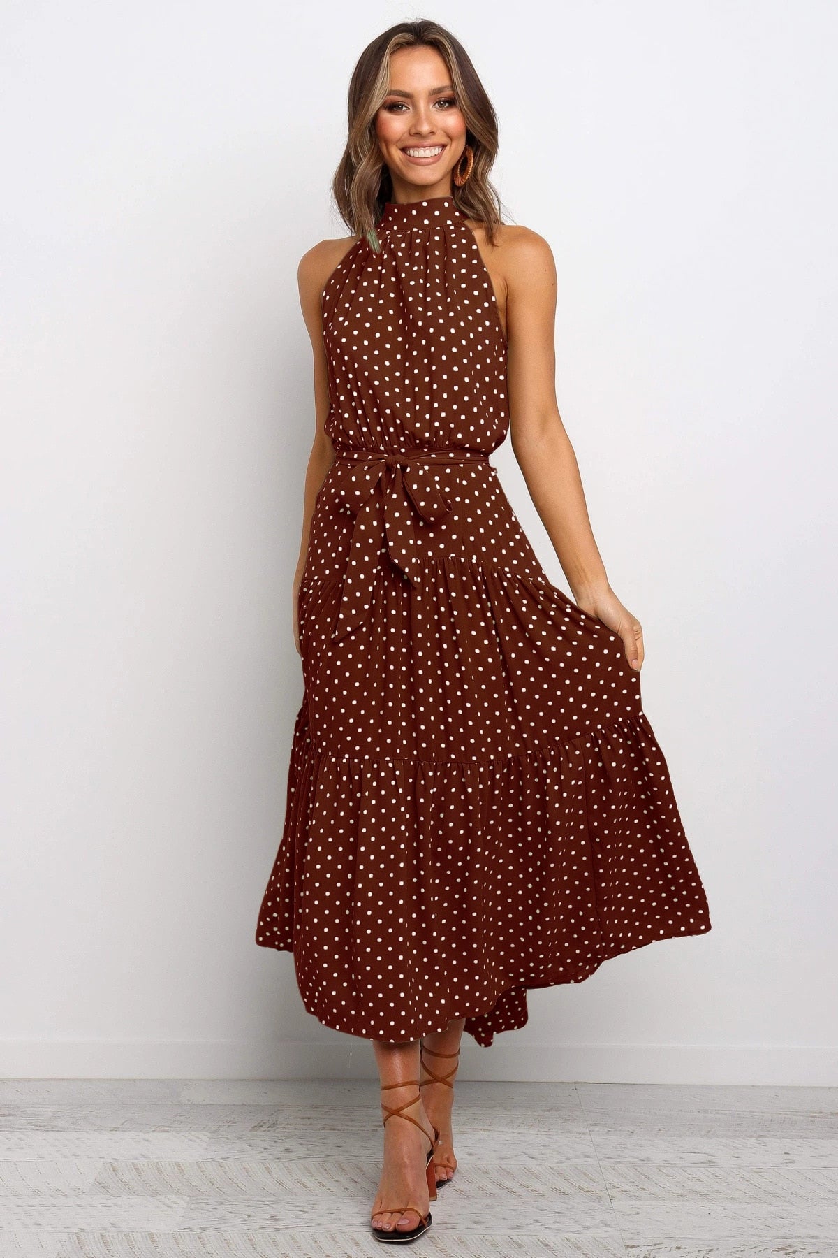 Summer Long Polka Dot Casual Sexy Halter Strapless Yellow Sundress