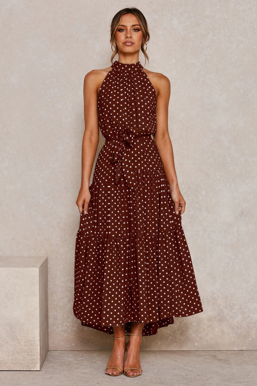 Summer Long Polka Dot Casual Sexy Halter Strapless Yellow Sundress