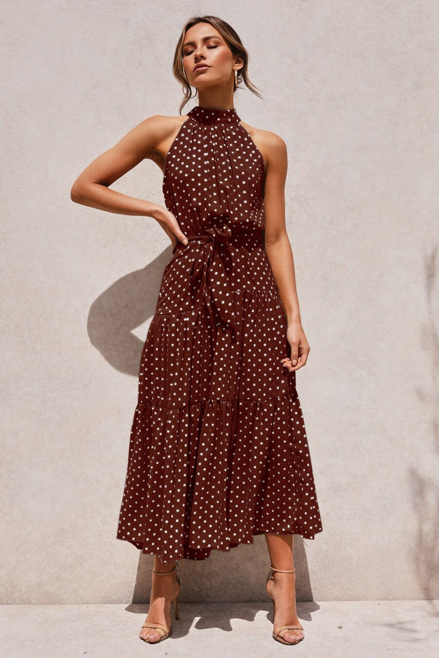 Summer Long Polka Dot Casual Sexy Halter Strapless Yellow Sundress