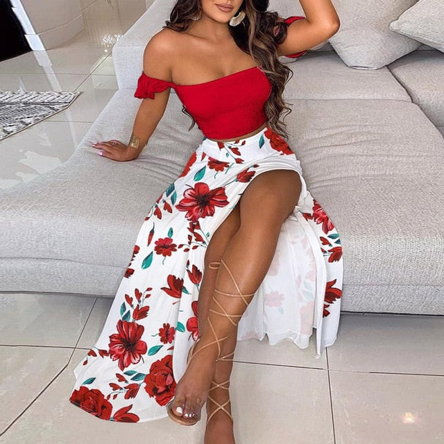 Elegant Long Sexy Off Shoulder Top And Split Skirt Two Piece Set Outfit