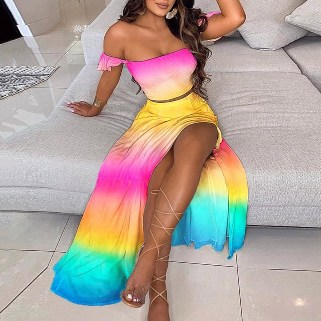 Elegant Long Sexy Off Shoulder Top And Split Skirt Two Piece Set Outfit
