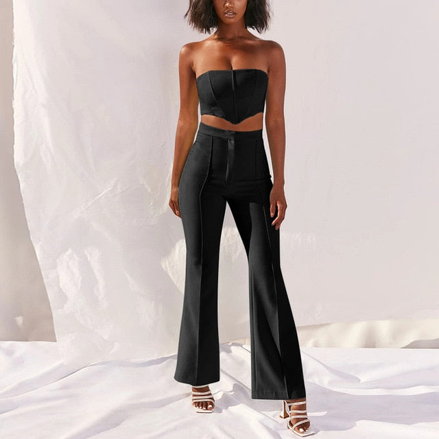 Strapless Corset Crop Top and Flare Pants Sets Solid High Waist Sexy Outfit Elegant Casual