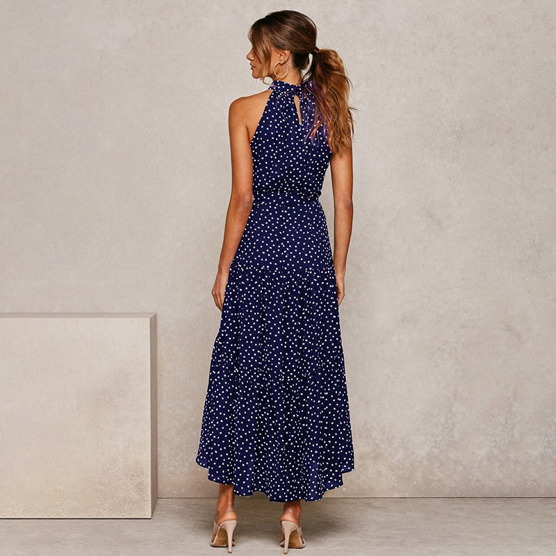 Summer Long Polka Dot Casual Sexy Halter Strapless Yellow Sundress