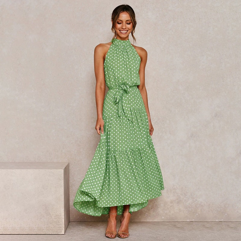 Summer Long Polka Dot Casual Sexy Halter Strapless Yellow Sundress