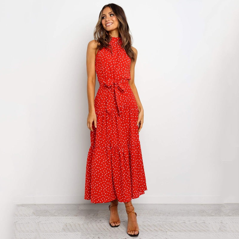 Summer Long Polka Dot Casual Sexy Halter Strapless Yellow Sundress